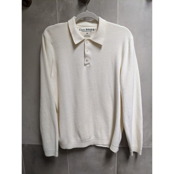 Eddie Bauer Cotton Knit Polo Sweater Men's Sz M Ivory Pullover Classic Preppy - Picture 1 of 12